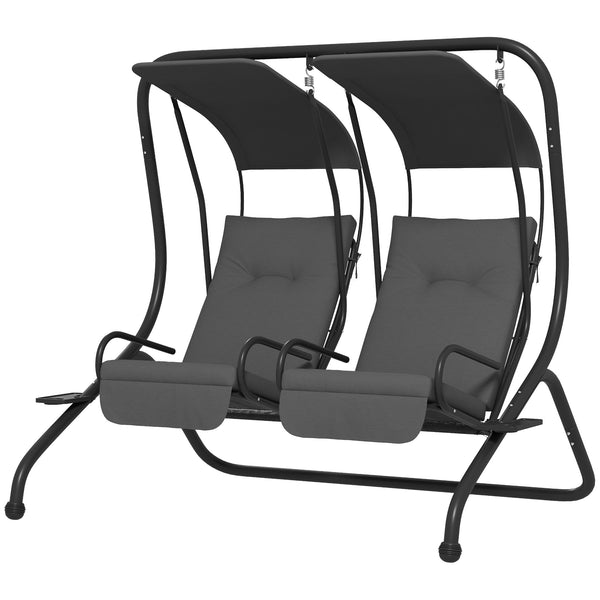 Outsunny Patio Swing Chair with 2 Separate Seats, Outdoor Swing with Removable Canopy and Cup Holders for Porch, Garden, Poolside, Backyard, Gray