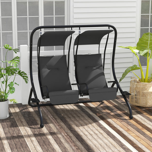 Outsunny Patio Swing Chair with 2 Separate Seats, Outdoor Swing with Removable Canopy and Cup Holders for Porch, Garden, Poolside, Backyard, Gray