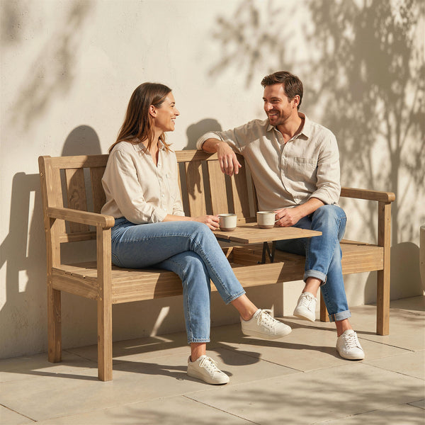 Wooden Garden Loveseat with Liftable Table and Hidden Storage Shelf, 2-3-Seater Outdoor Bench, Fir Wood Jack and Jill Garden Seat with Armrests for Patio, Porch, Teak