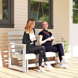 2-Person Outdoor Glider Bench Patio Double Swing Rocking Chair Loveseat w/ Slatted HDPE Frame for Backyard Garden Porch, Distressed White