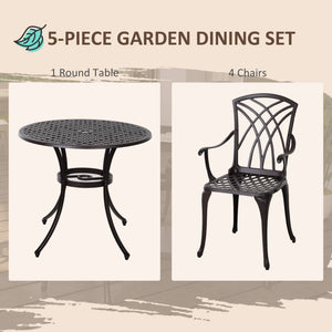 5 Pieces Garden Dining Set for 4, Cast Aluminium Outdoor Dining Set with 4 Armchairs and Round Dining Table with Parasol Hole, Garden Furniture Set, Brown