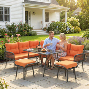 6 Piece Rattan Garden Furniture Set, 8 Seater Garden Corner Sofa with Cushions and Glass Top Table, Sectional Outdoor Furniture Conservatory Set for Patio, Orange