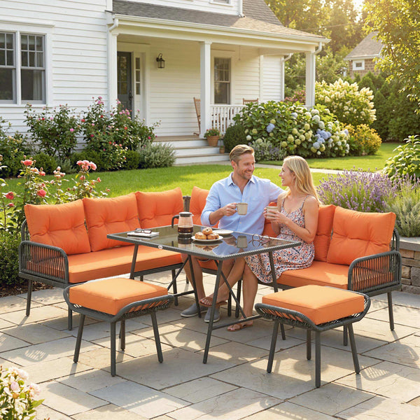 6 Piece Rattan Garden Furniture Set, 8 Seater Garden Corner Sofa with Cushions and Glass Top Table, Sectional Outdoor Furniture Conservatory Set for Patio, Orange