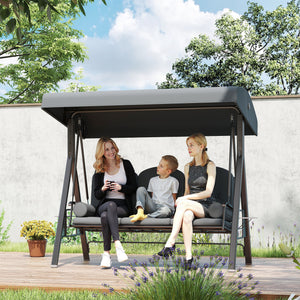 3 Seater Canopy Swing Chair, Outdoor Garden Swing Seat with Adjustable Canopy, Cushions and Cup Trays, Steel Frame, Dark Grey
