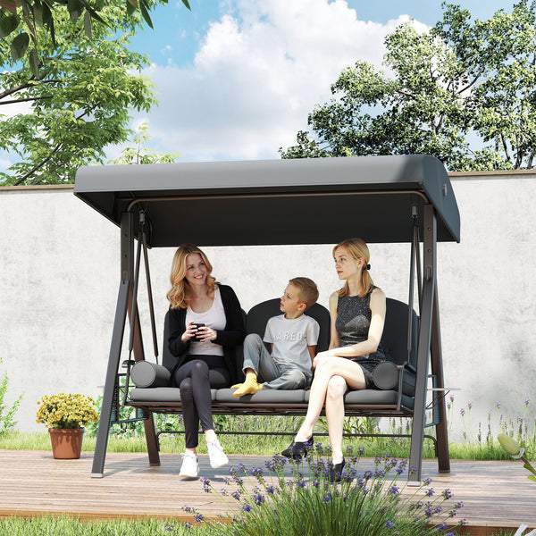3 Seater Canopy Swing Chair, Outdoor Garden Swing Seat with Adjustable Canopy, Cushions and Cup Trays, Steel Frame, Dark Grey