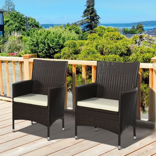 2 Pieces Outdoor PE Rattan Dining Chairs Set with Cushion, Garden Armchair with Armrests, High Backrest, Metal Frame Patio Wicker Furniture, Coffee