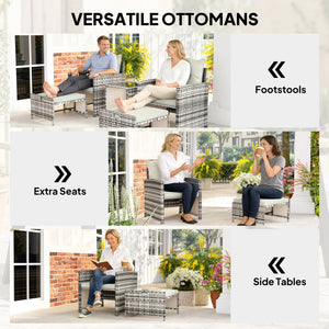 5 Piece Patio Furniture Set, Wicker Patio Chairs with Ottomans, 2-Tier Glass Coffee Table, Cushions, Outdoor Patio Furniture Conversation Set for Balcony, Grey/Cream White