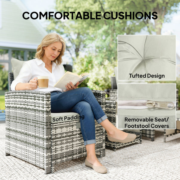 5 Piece Patio Furniture Set, Wicker Patio Chairs with Ottomans, 2-Tier Glass Coffee Table, Cushions, Outdoor Patio Furniture Conversation Set for Balcony, Grey/Cream White