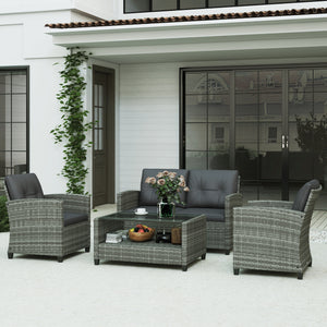 Outsunny 4 Pieces Patio Furniture Sets with Cushions, PE Rattan Wicker Conversation Chairs w/ Two-tier Coffee Table for Backyard Porch Garden Poolside and Deck, Charcoal