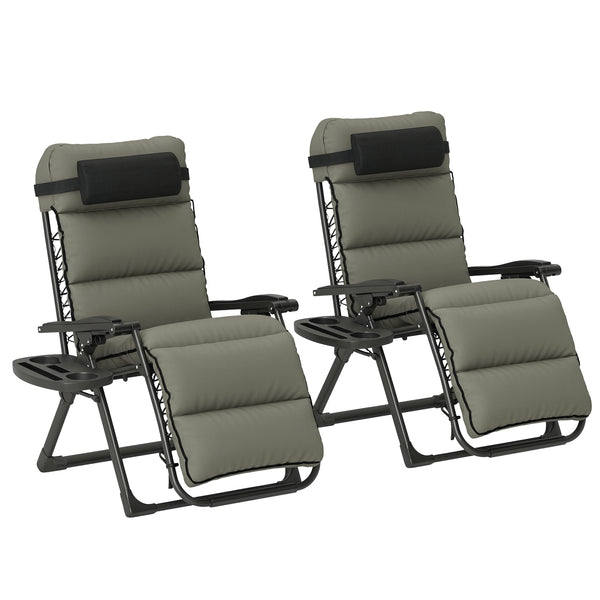 Reclining Zero Gravity Chair with Adjustable Backrest, Folding Garden Sun Lounger with Removable Cushion, Headrest Cup Phone Holder Tray, Set of 2, Grey