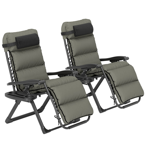 Reclining Zero Gravity Chair with Adjustable Backrest, Folding Garden Sun Lounger with Removable Cushion, Headrest Cup Phone Holder Tray, Set of 2, Grey