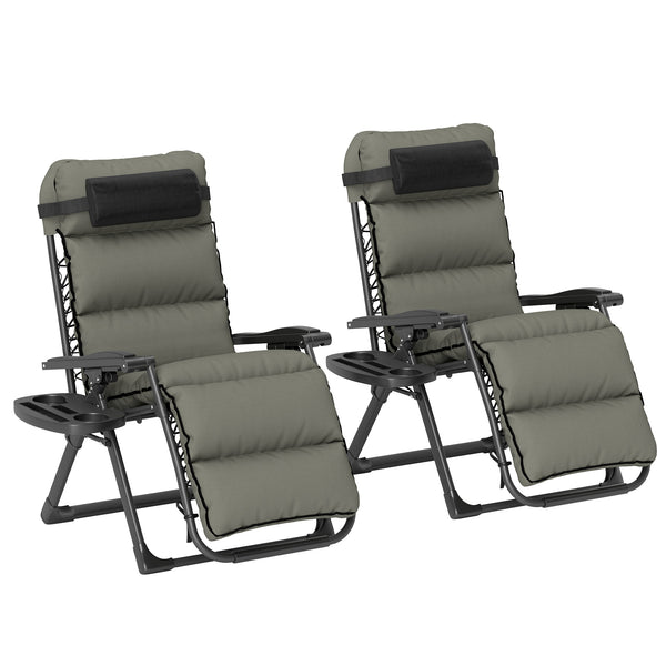 Reclining Zero Gravity Chair with Adjustable Backrest, Folding Garden Sun Lounger with Removable Cushion, Headrest Cup Phone Holder Tray, Set of 2, Grey
