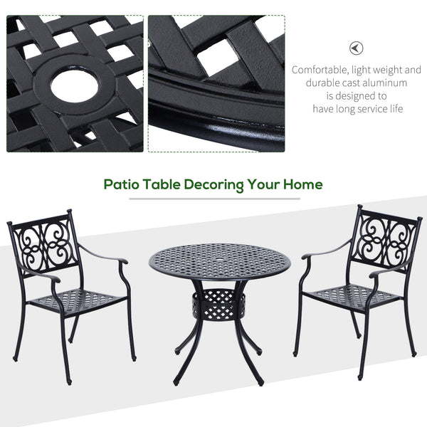 85cm Round Garden Dining Table with 46.5mm Dia. Umbrella Hole, Cast Aluminium Outdoor Dining Table, Grid Motif Outdoor Table for Garden, Patio, Porch, Black