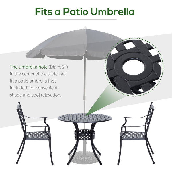 85cm Round Garden Dining Table with 46.5mm Dia. Umbrella Hole, Cast Aluminium Outdoor Dining Table, Grid Motif Outdoor Table for Garden, Patio, Porch, Black