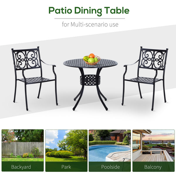 85cm Round Garden Dining Table with 46.5mm Dia. Umbrella Hole, Cast Aluminium Outdoor Dining Table, Grid Motif Outdoor Table for Garden, Patio, Porch, Black