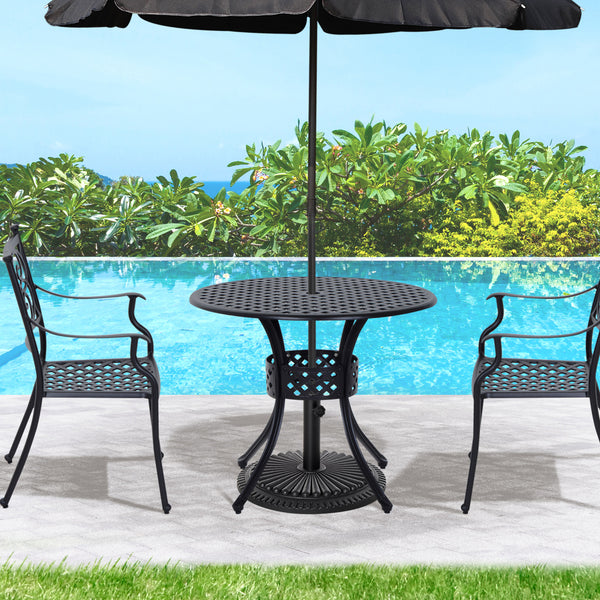 85cm Round Garden Dining Table with 46.5mm Dia. Umbrella Hole, Cast Aluminium Outdoor Dining Table, Grid Motif Outdoor Table for Garden, Patio, Porch, Black