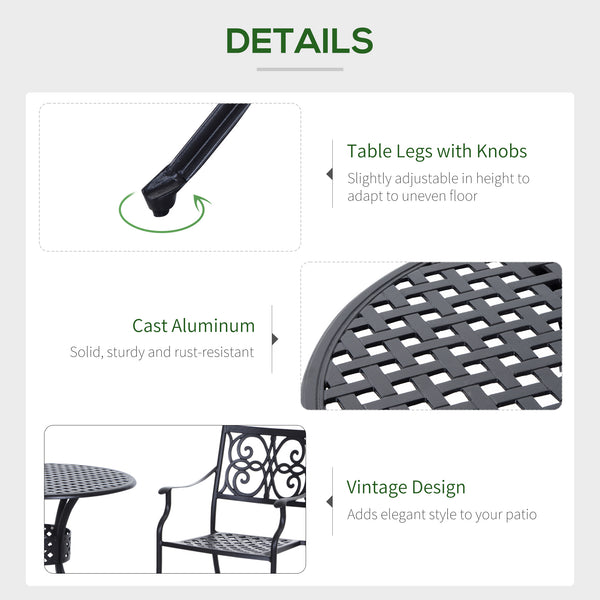 85cm Round Garden Dining Table with 46.5mm Dia. Umbrella Hole, Cast Aluminium Outdoor Dining Table, Grid Motif Outdoor Table for Garden, Patio, Porch, Black