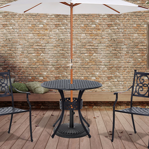 85cm Round Garden Dining Table with 46.5mm Dia. Umbrella Hole, Cast Aluminium Outdoor Dining Table, Grid Motif Outdoor Table for Garden, Patio, Porch, Black