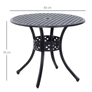 85cm Round Garden Dining Table with 46.5mm Dia. Umbrella Hole, Cast Aluminium Outdoor Dining Table, Grid Motif Outdoor Table for Garden, Patio, Porch, Black