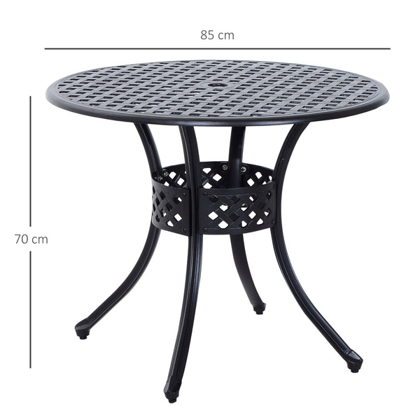 85cm Round Garden Dining Table with 46.5mm Dia. Umbrella Hole, Cast Aluminium Outdoor Dining Table, Grid Motif Outdoor Table for Garden, Patio, Porch, Black