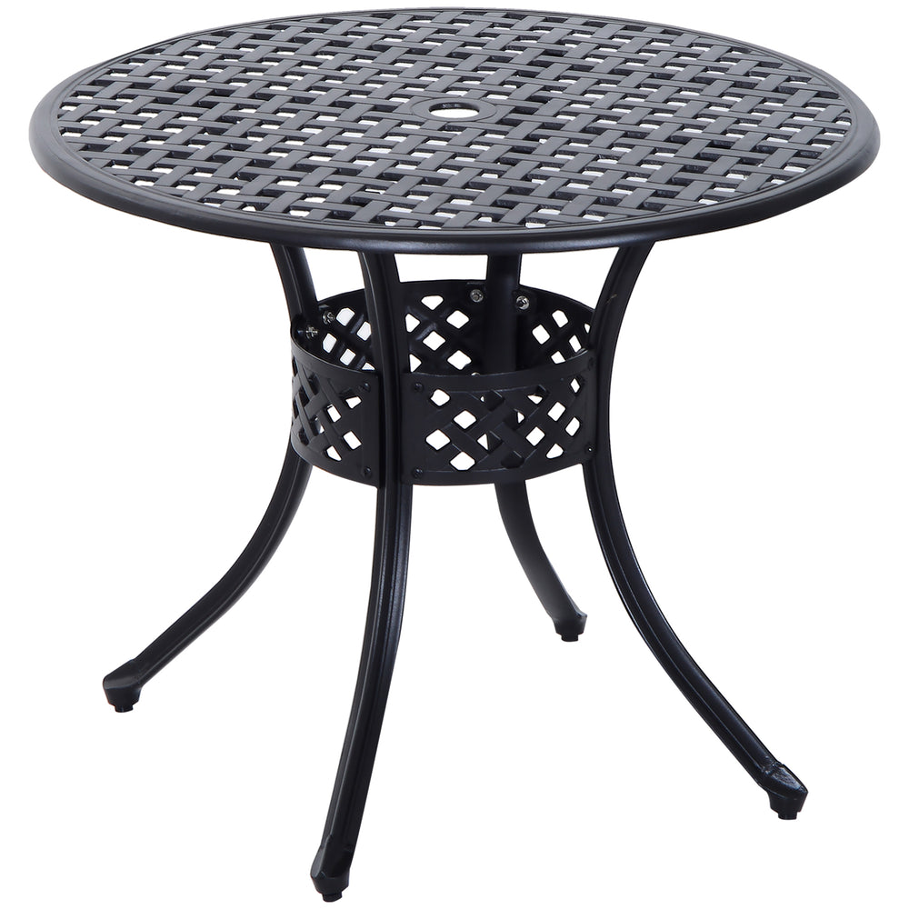 85cm Round Garden Dining Table with 46.5mm Dia. Umbrella Hole, Cast Aluminium Outdoor Dining Table, Grid Motif Outdoor Table for Garden, Patio, Porch, Black