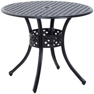 85cm Round Garden Dining Table with 46.5mm Dia. Umbrella Hole, Cast Aluminium Outdoor Dining Table, Grid Motif Outdoor Table for Garden, Patio, Porch, Black