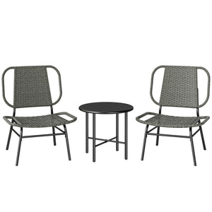 3 Piece Wicker Patio Furniture Set, Outdoor Bistro Set with 2 Armless Chairs, Steel Table, Rattan Outdoor Conversation Furniture for Porch Balcony, Grey
