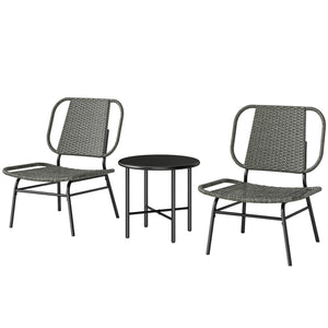 3 Piece Wicker Patio Furniture Set, Outdoor Bistro Set with 2 Armless Chairs, Steel Table, Rattan Outdoor Conversation Furniture for Porch Balcony, Grey