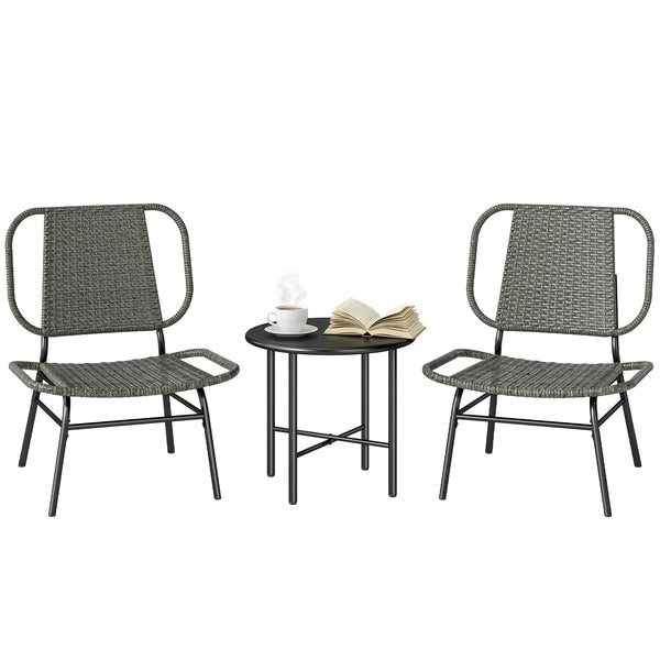 3 Piece Wicker Patio Furniture Set, Outdoor Bistro Set with 2 Armless Chairs, Steel Table, Rattan Outdoor Conversation Furniture for Porch Balcony, Grey