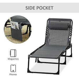 Folding Lounge Chair, Reclining Tanning Chair, Portable Sun Lounger with Adjustable Backrest and Removable Pillow for Patio, Garden, Beach, Grey