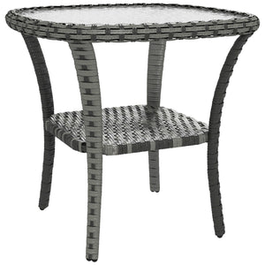 Rattan Coffee Table with Storage Shelf, Wicker Side Table with Glass Top, Outdoor End Table for Garden, Porch, Backyard, Mix Grey