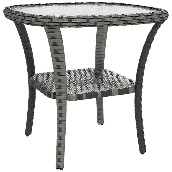 Rattan Coffee Table with Storage Shelf, Wicker Side Table with Glass Top, Outdoor End Table for Garden, Porch, Backyard, Mix Grey
