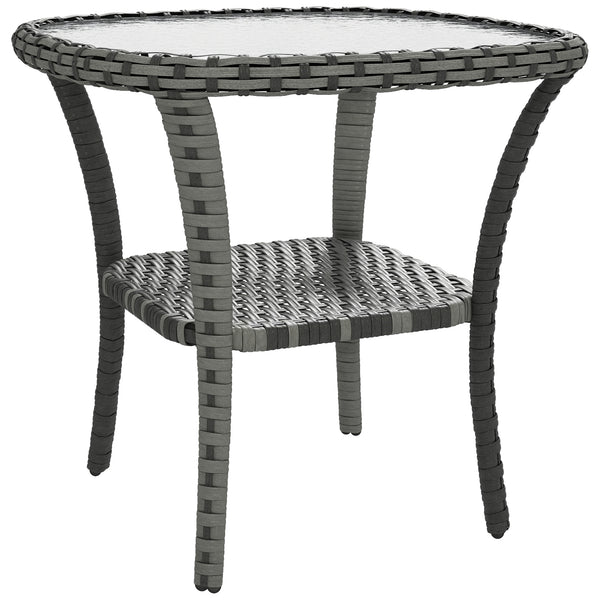Rattan Coffee Table with Storage Shelf, Wicker Side Table with Glass Top, Outdoor End Table for Garden, Porch, Backyard, Mix Grey