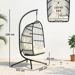 Hanging Egg Chair, Indoor Outdoor Hammock Swing Chair with Stand, Safety Strap, Foldable Basket, Thick Cushions, Headrest, Adjustable Height, Metal Frame for Garden Balcony, Black/Cream White