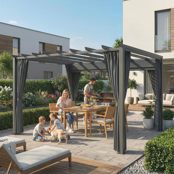 3.6 x 3 m Pergola with Retractable Roof Canopy and Curtains, Aluminium Frame Garden Pergola Gazebo Sun Shade Shelter for Grill, Patio, Deck, Dark Grey