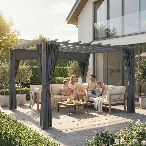 3.6 x 3 m Pergola with Retractable Roof Canopy and Curtains, Aluminium Frame Garden Pergola Gazebo Sun Shade Shelter for Grill, Patio, Deck, Dark Grey