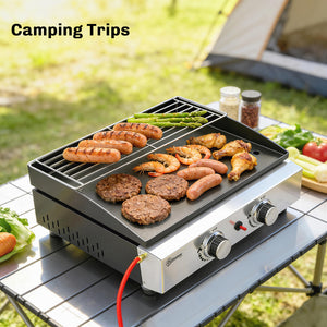 2 Burner Grill Griddle, Portable Gas Plancha with Warming Rack, 5 kW, Tabletop Gas BBQ with Grease Cup for Camping Picnic Patios, Black