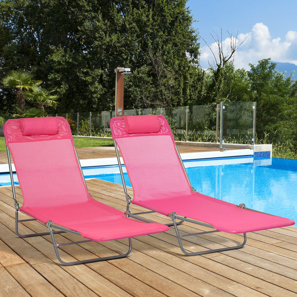 Outsunny 2 Piece Folding Chaise Lounge Chairs, Pool Sun Tanning Chairs, Outdoor Lounge Chairs with Reclining Back, Breathable Mesh Seat, Headrest for Beach, Yard, Patio, Pink