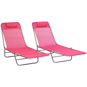 Outsunny 2 Piece Folding Chaise Lounge Chairs, Pool Sun Tanning Chairs, Outdoor Lounge Chairs with Reclining Back, Breathable Mesh Seat, Headrest for Beach, Yard, Patio, Pink