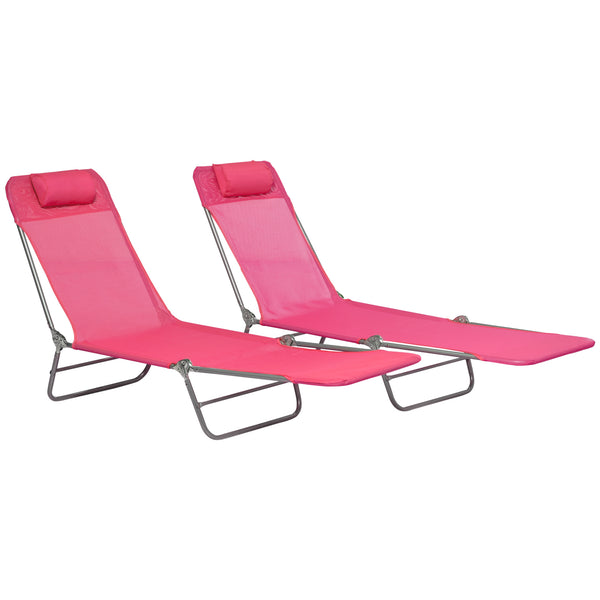 Outsunny 2 Piece Folding Chaise Lounge Chairs, Pool Sun Tanning Chairs, Outdoor Lounge Chairs with Reclining Back, Breathable Mesh Seat, Headrest for Beach, Yard, Patio, Pink