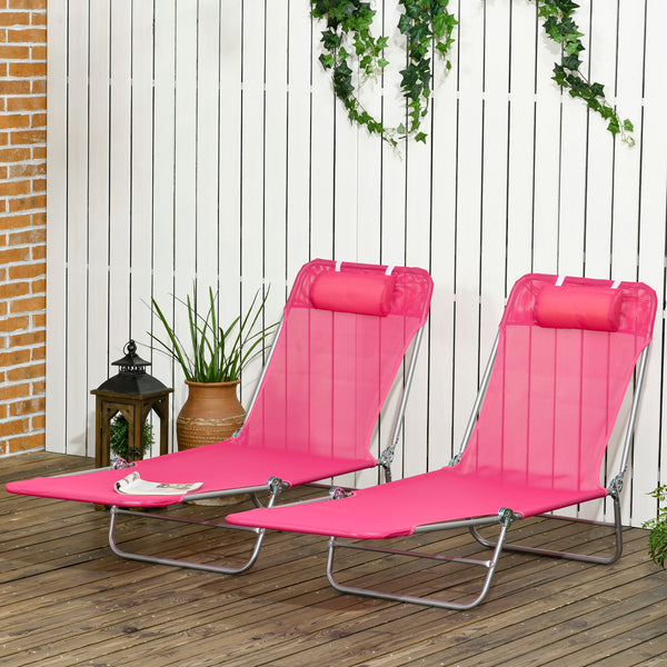 Outsunny 2 Piece Folding Chaise Lounge Chairs, Pool Sun Tanning Chairs, Outdoor Lounge Chairs with Reclining Back, Breathable Mesh Seat, Headrest for Beach, Yard, Patio, Pink