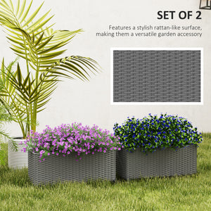 Outsunny Railing Planter Box (2 Pack, 20 Inch), Self-Watering Hanging Flower Pots with Hooks for Fence, Balcony, Garden, Patio, Rattan Look, Gray