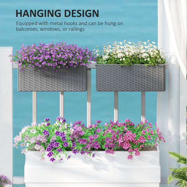 Outsunny Railing Planter Box (2 Pack, 20 Inch), Self-Watering Hanging Flower Pots with Hooks for Fence, Balcony, Garden, Patio, Rattan Look, Gray