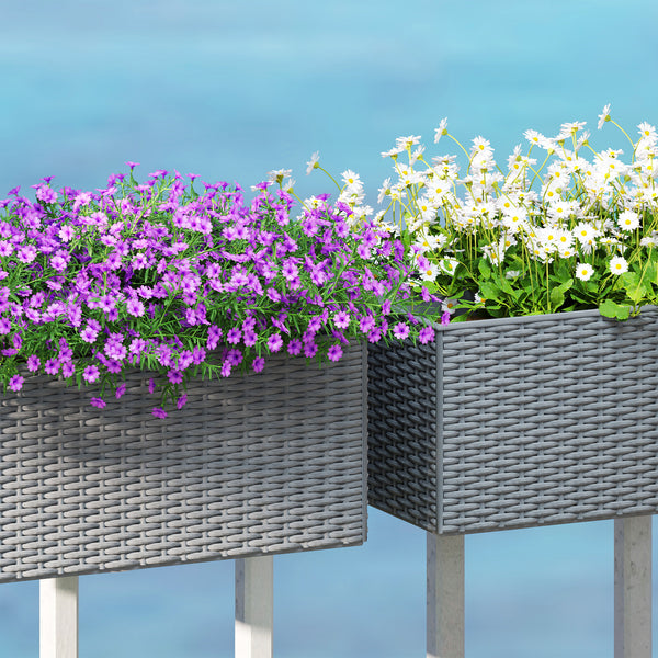 Outsunny Railing Planter Box (2 Pack, 20 Inch), Self-Watering Hanging Flower Pots with Hooks for Fence, Balcony, Garden, Patio, Rattan Look, Gray