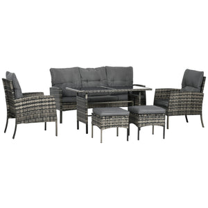 5 Seater Rattan Garden Furniture Set, 2 Armchairs, 3-Seater Wicker Sofa, 2 Footstools and Glass Table, 6 Piece Patio Rattan furniture Sofa Sets with Cushions for Conservatory, Mixed Grey