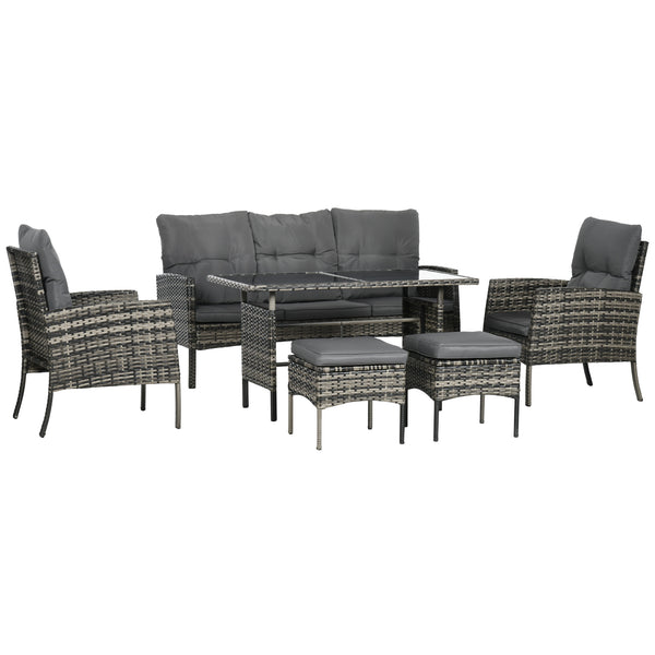 5 Seater Rattan Garden Furniture Set, 2 Armchairs, 3-Seater Wicker Sofa, 2 Footstools and Glass Table, 6 Piece Patio Rattan furniture Sofa Sets with Cushions for Conservatory, Mixed Grey