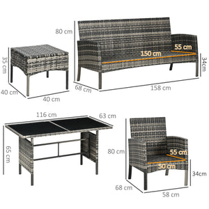5 Seater Rattan Garden Furniture Set, 2 Armchairs, 3-Seater Wicker Sofa, 2 Footstools and Glass Table, 6 Piece Patio Rattan furniture Sofa Sets with Cushions for Conservatory, Mixed Grey