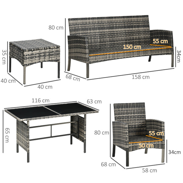 5 Seater Rattan Garden Furniture Set, 2 Armchairs, 3-Seater Wicker Sofa, 2 Footstools and Glass Table, 6 Piece Patio Rattan furniture Sofa Sets with Cushions for Conservatory, Mixed Grey