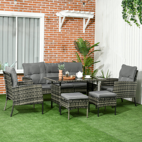 6 Piece Patio Furniture Set with Patio Chairs, Ottomans, Sofa, Glass Top Table and Cushions, Wicker Rattan Outdoor Furniture Set for Backyard, Porch, Grey