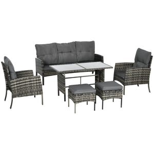 5 Seater Rattan Garden Furniture Set, 2 Armchairs, 3-Seater Wicker Sofa, 2 Footstools and Glass Table, 6 Piece Patio Rattan furniture Sofa Sets with Cushions for Conservatory, Mixed Grey